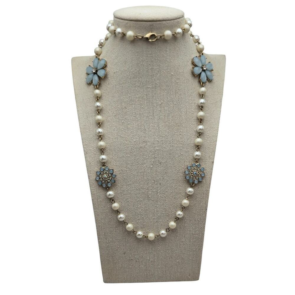 Pearl Floral & Pale Blue Rhinestones Necklace – Romantic Garden Party